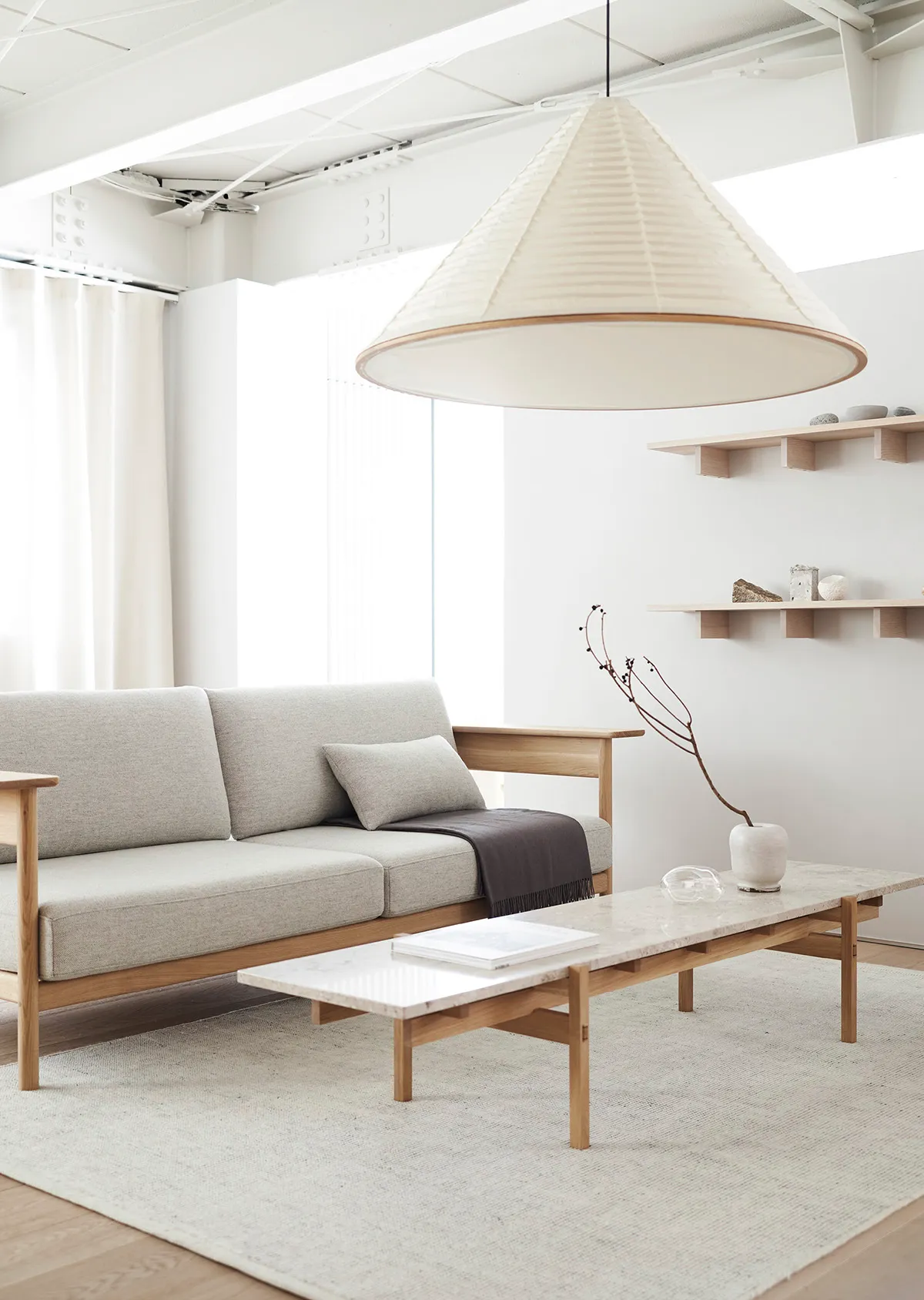 Versatile N-PL01 pendant lamp by Norm Architects for Karimoku showcasing minimalist design with Japanese-Danish sensibility.