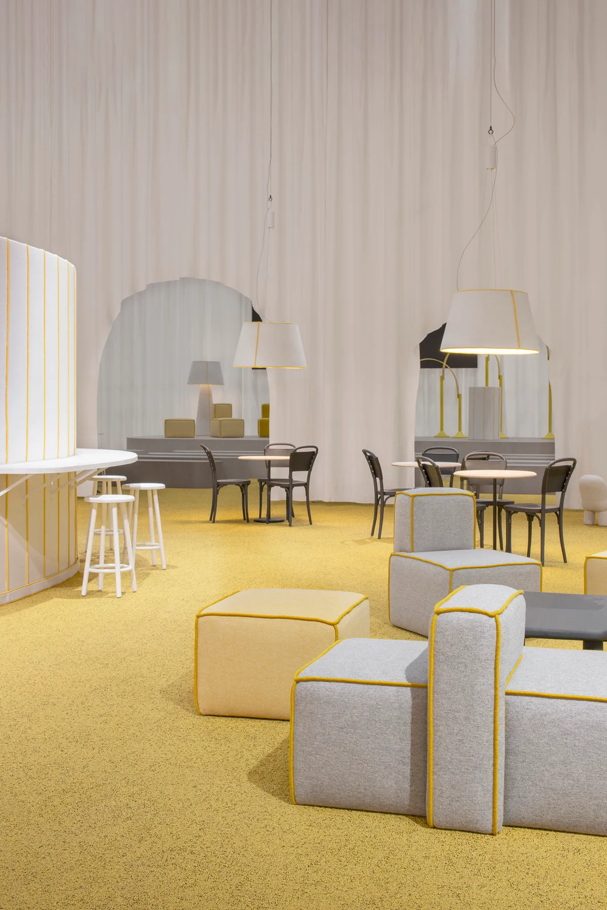 The Yellow Thread bar and stage area designed by Färg & Blanche for Stockholm Furniture Fair with playful textural elements