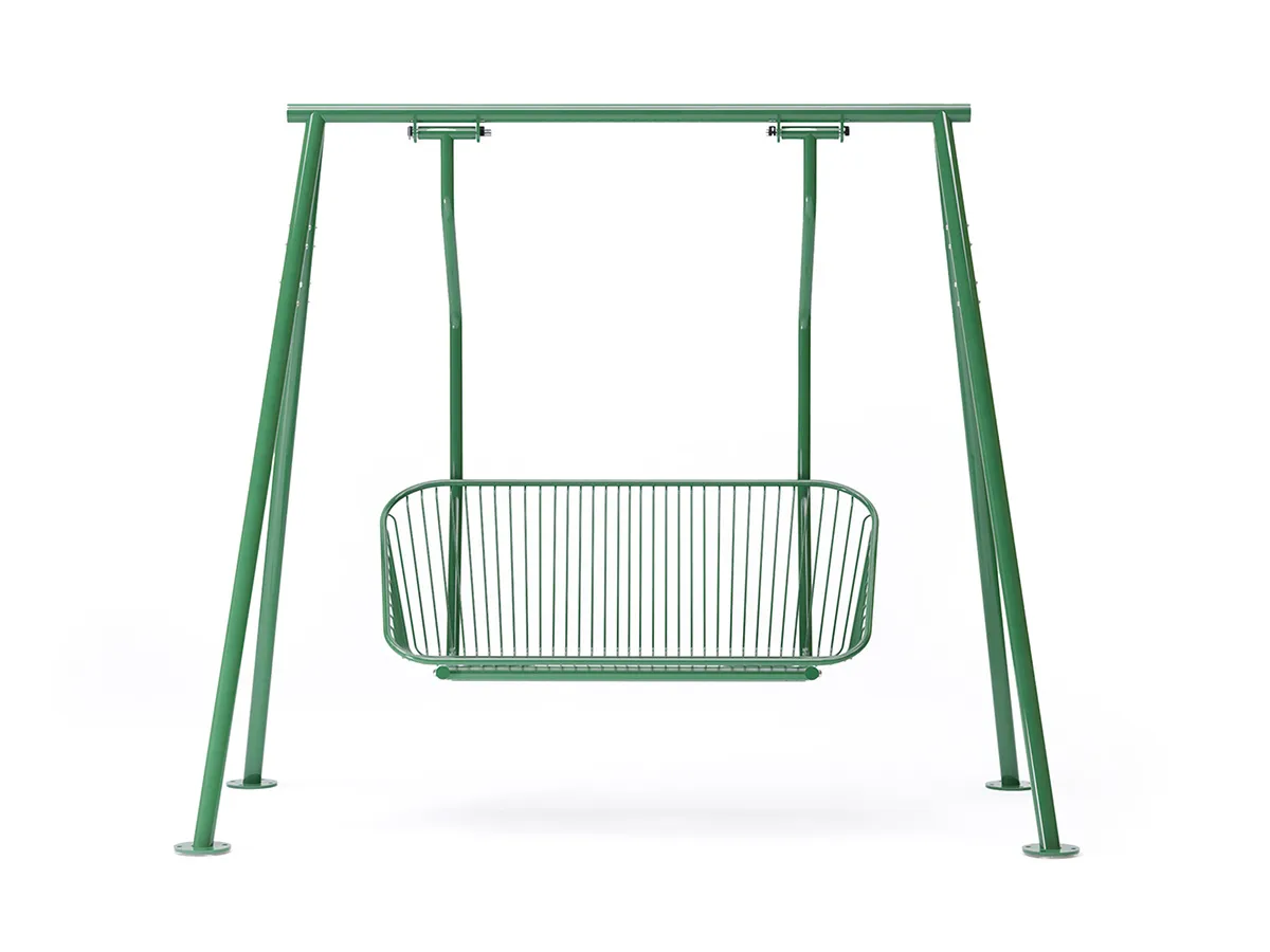 Korg swinging sofa by Thomas Bernstrand for Nola featuring suspended basket-like design for playful outdoor seating experiences