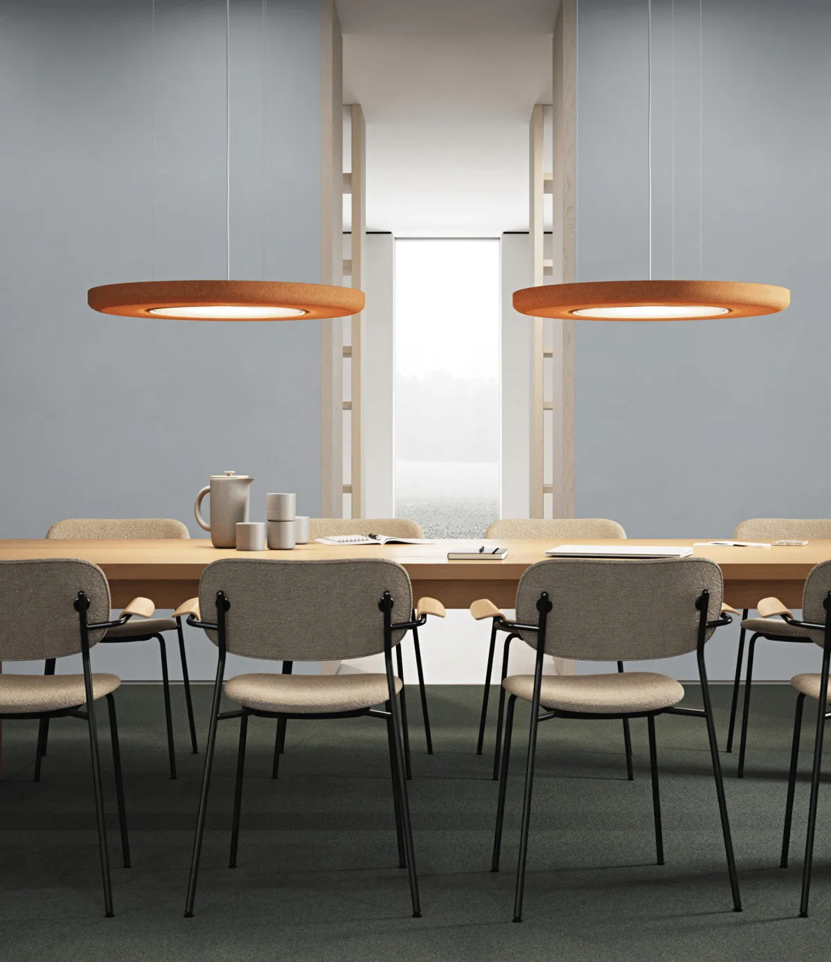 Elegant suspended LP Slim Round acoustic fixture enhancing sound environments with subtle light