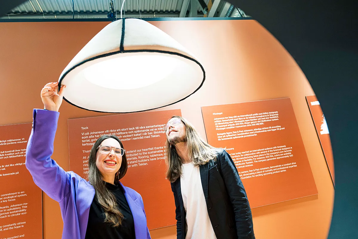 SKETCH pendant lamp by Färg & Blanche for NOON featuring distinctive blanket-stitched edges and sound-absorbing textile design