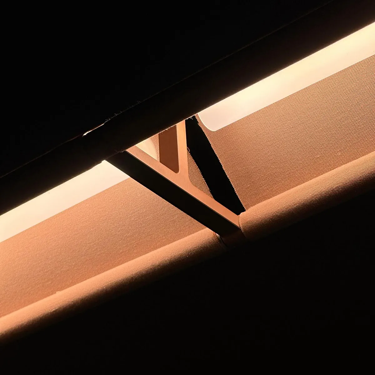 Markis suspension lamp by Luceplan featuring aluminum structure and recycled Kvadrat textile shade in beige