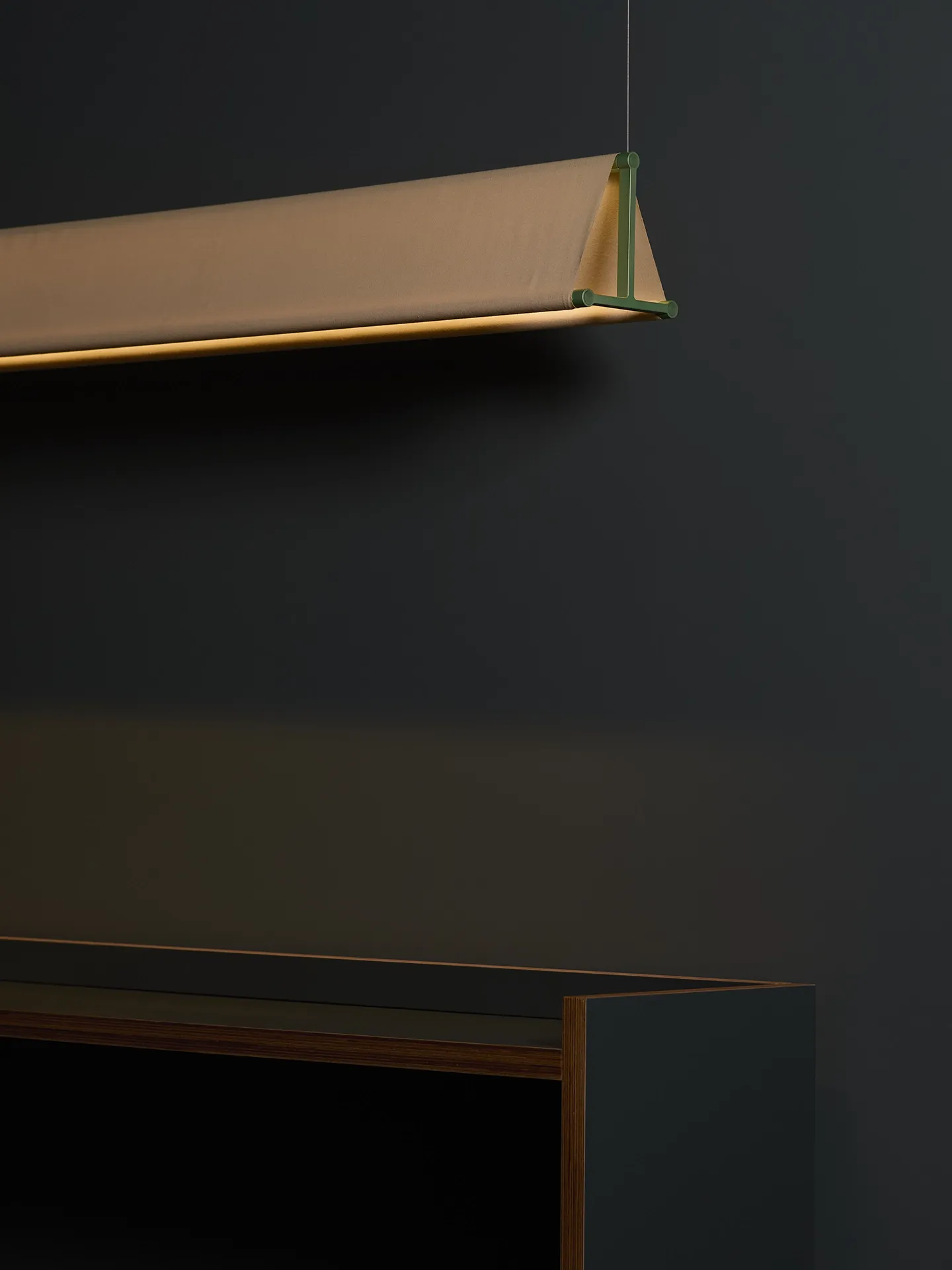 Markis suspension lamp by Luceplan featuring aluminum structure and recycled Kvadrat textile shade in beige