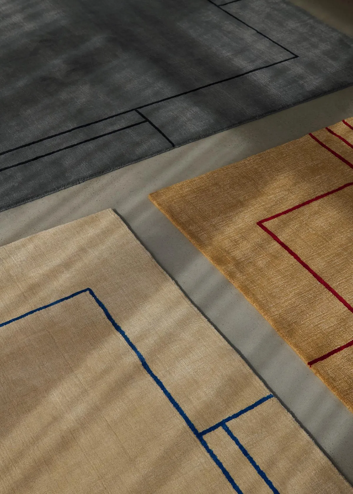 Complete Cruise rug collection by All the Way to Paris in all three colorways: Aden Beige, Bombay Brown, and Colombo Blue