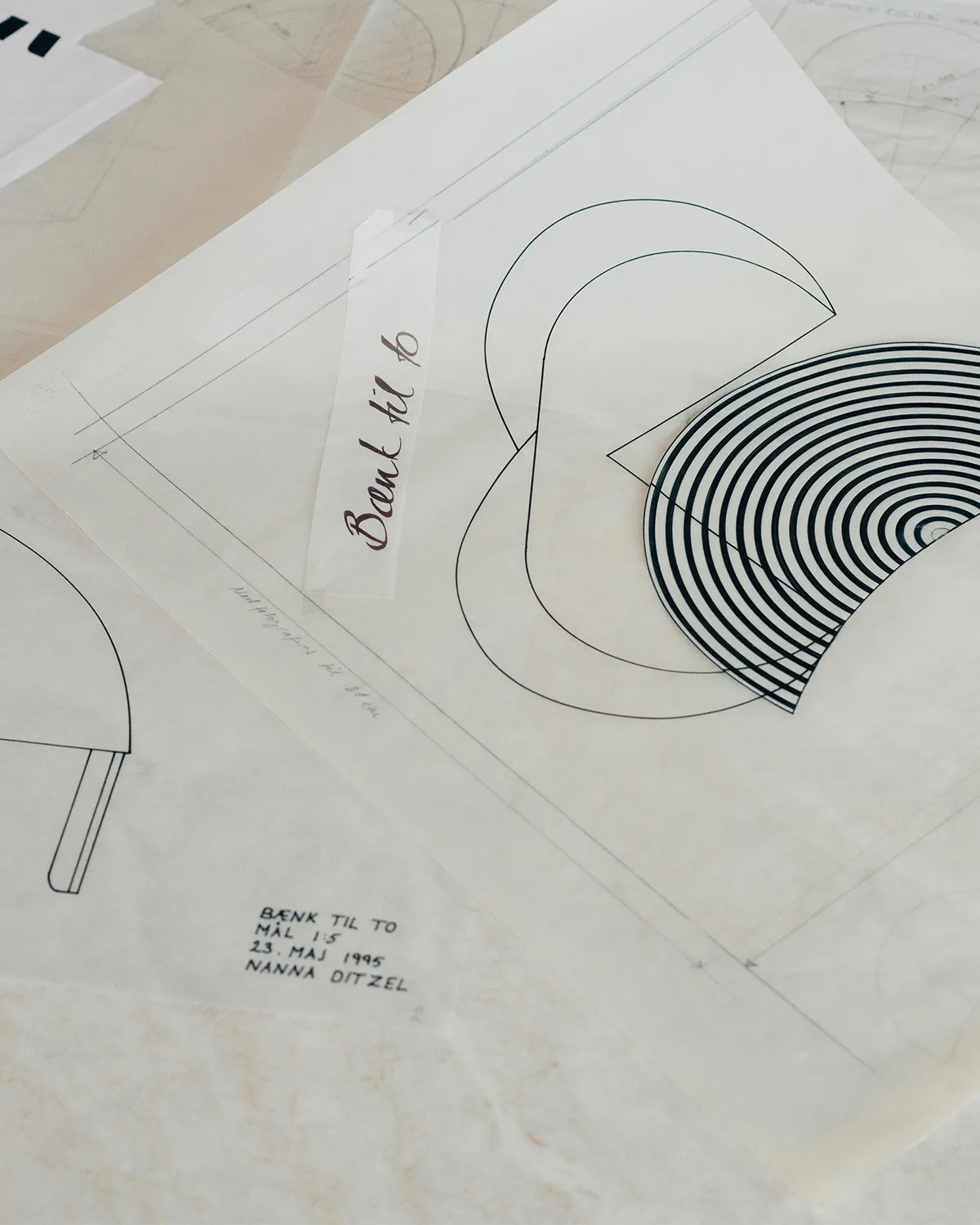 Nanna Ditzel portrait working on furniture design sketches in her Copenhagen studio during 1980s
