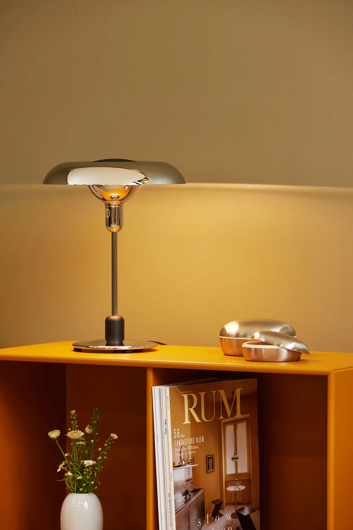 RA250 desk lamp chrome finish showing Piet Hein's 1931 design updated for 120th anniversary celebration