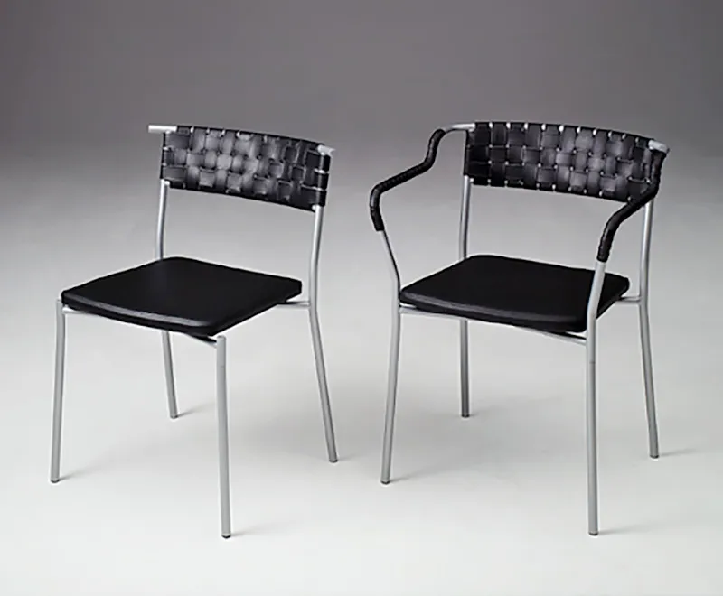 Mattias Ljunggren Chair & Armchair collection in steel and leather for Källemo 2001 showing complete furniture series