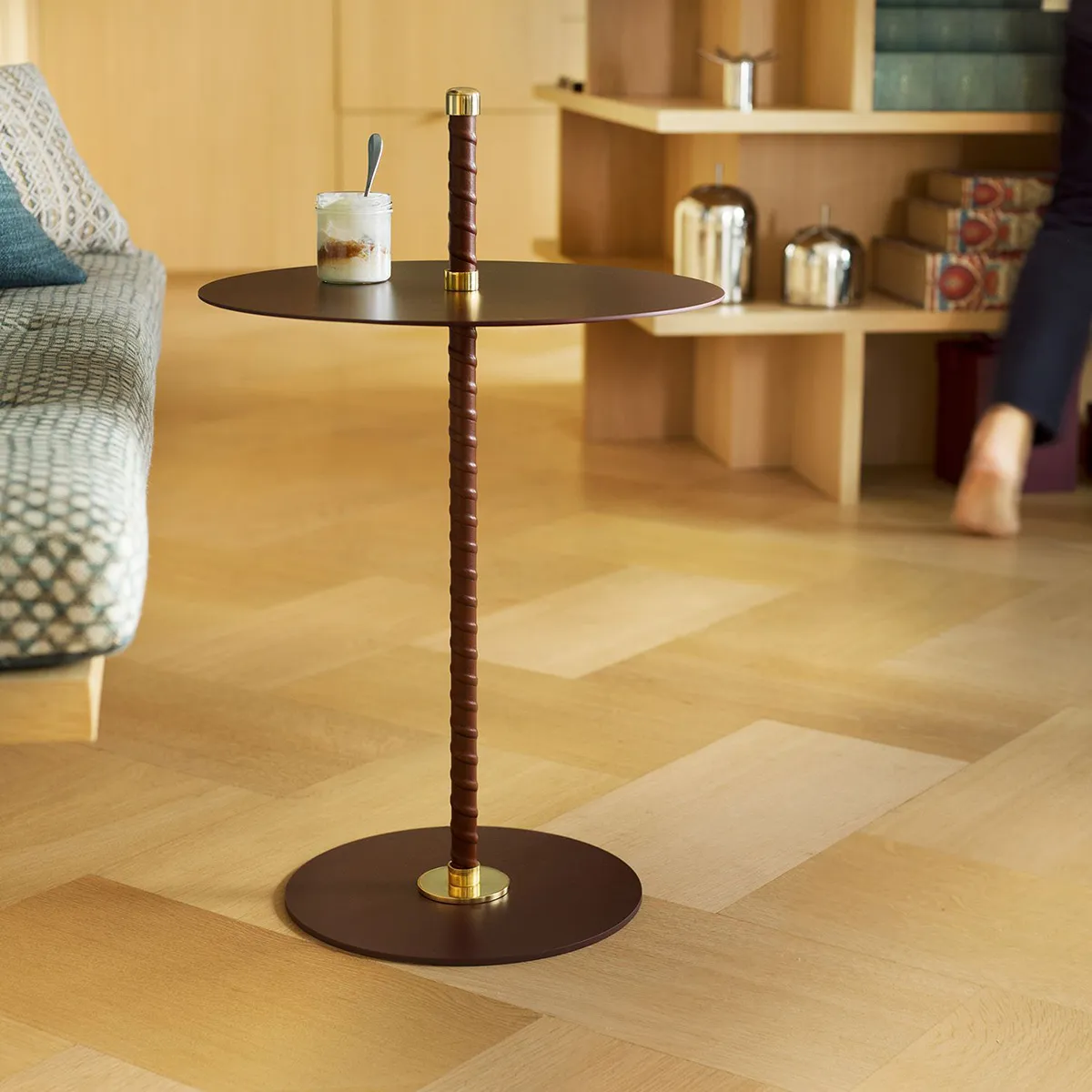 Cabaret side table by Peter Andersson for Klong with leather-wrapped pillar and brass details in black finish