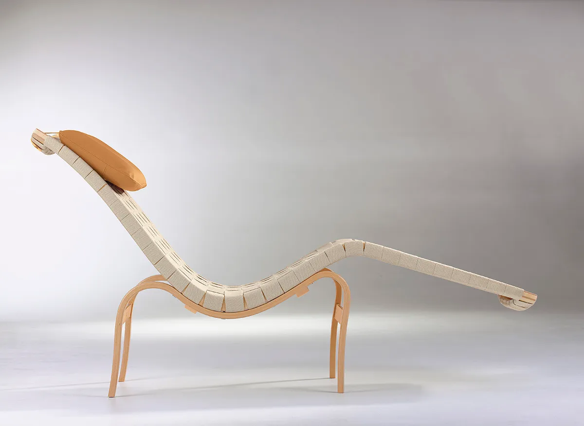Bruno Mathsson Reclining Chair mod 36 featuring solid birch seat frame and bent laminated beech base at Stockholm Fair