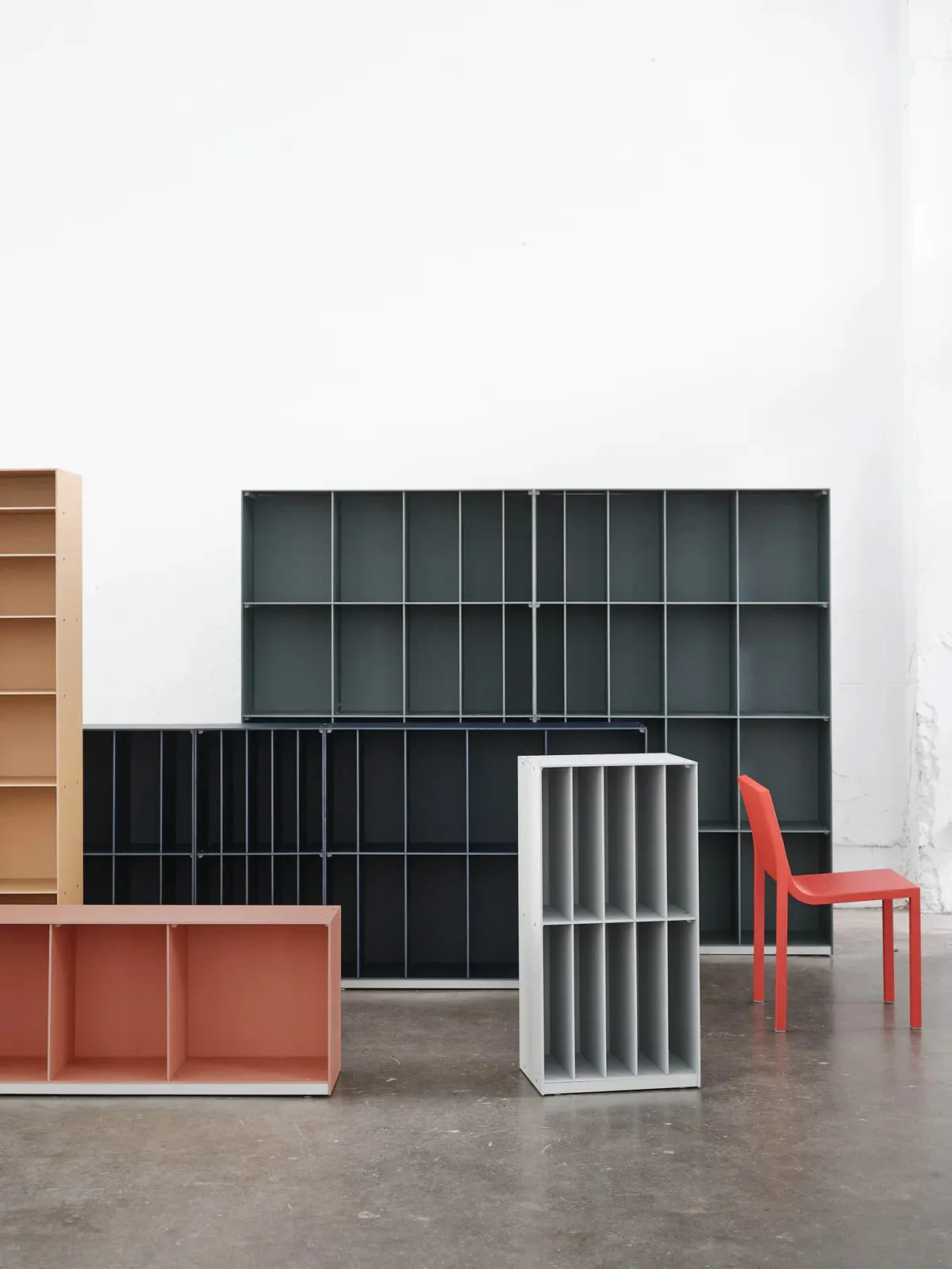 Snøhetta Sequence shelving system overview showing modular design by BD Barcelona Design in studio setting