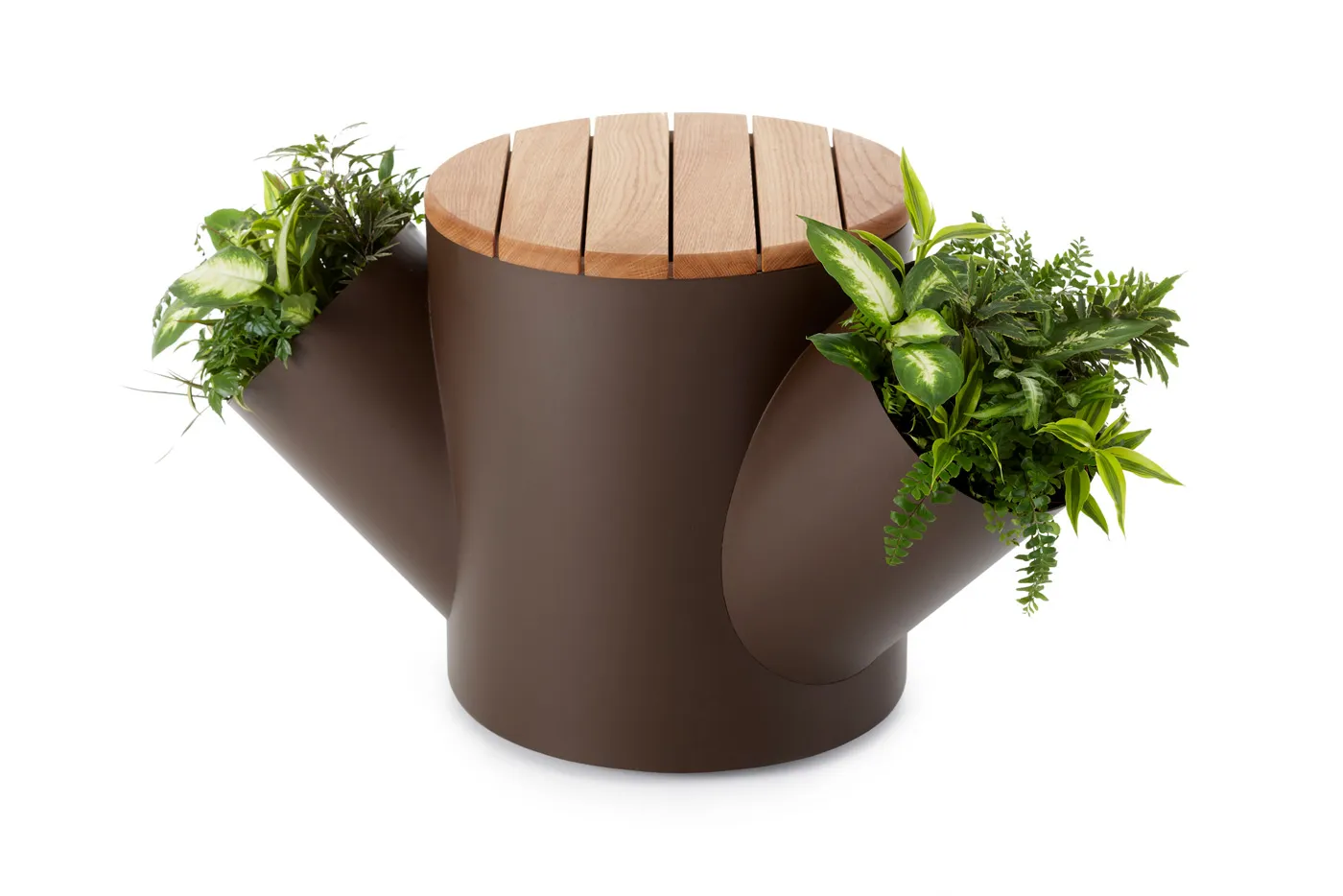 Willow Tree planter with removable oak seat disc showing dual functionality as seating and plant container