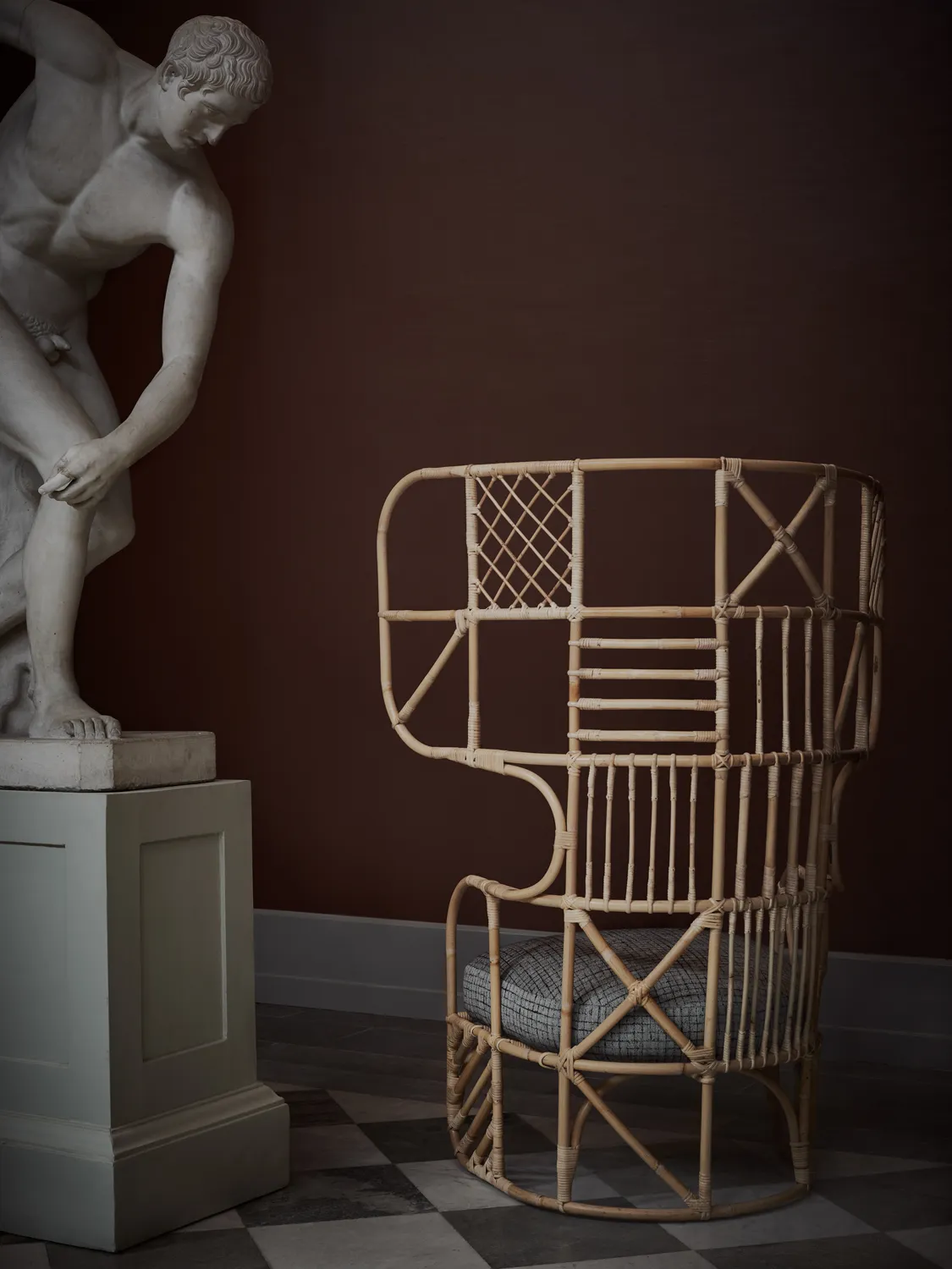 Matti Klenell NM& 040 rattan chair showing transparent patchwork backrest design by Larsson Korgmakare Stockholm
