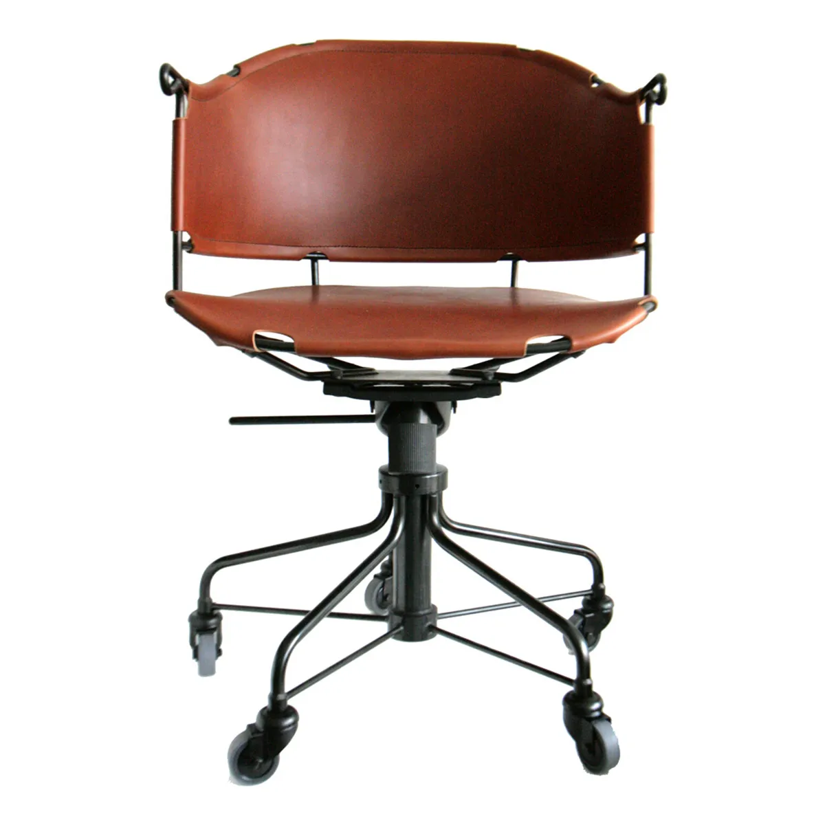Mats Theselius Sheriff office chair in cognac brown Tärnsjö leather with black anodized steel frame
