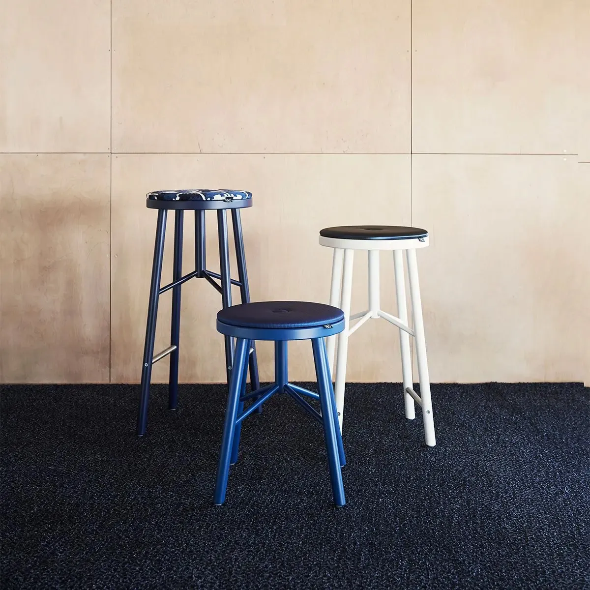 Sputnik stool collection by Björn Dahlström for NC Nordic Care – FSC-certified birch wood stools inspired by space-age design, available in 6 versions with customizable finishes