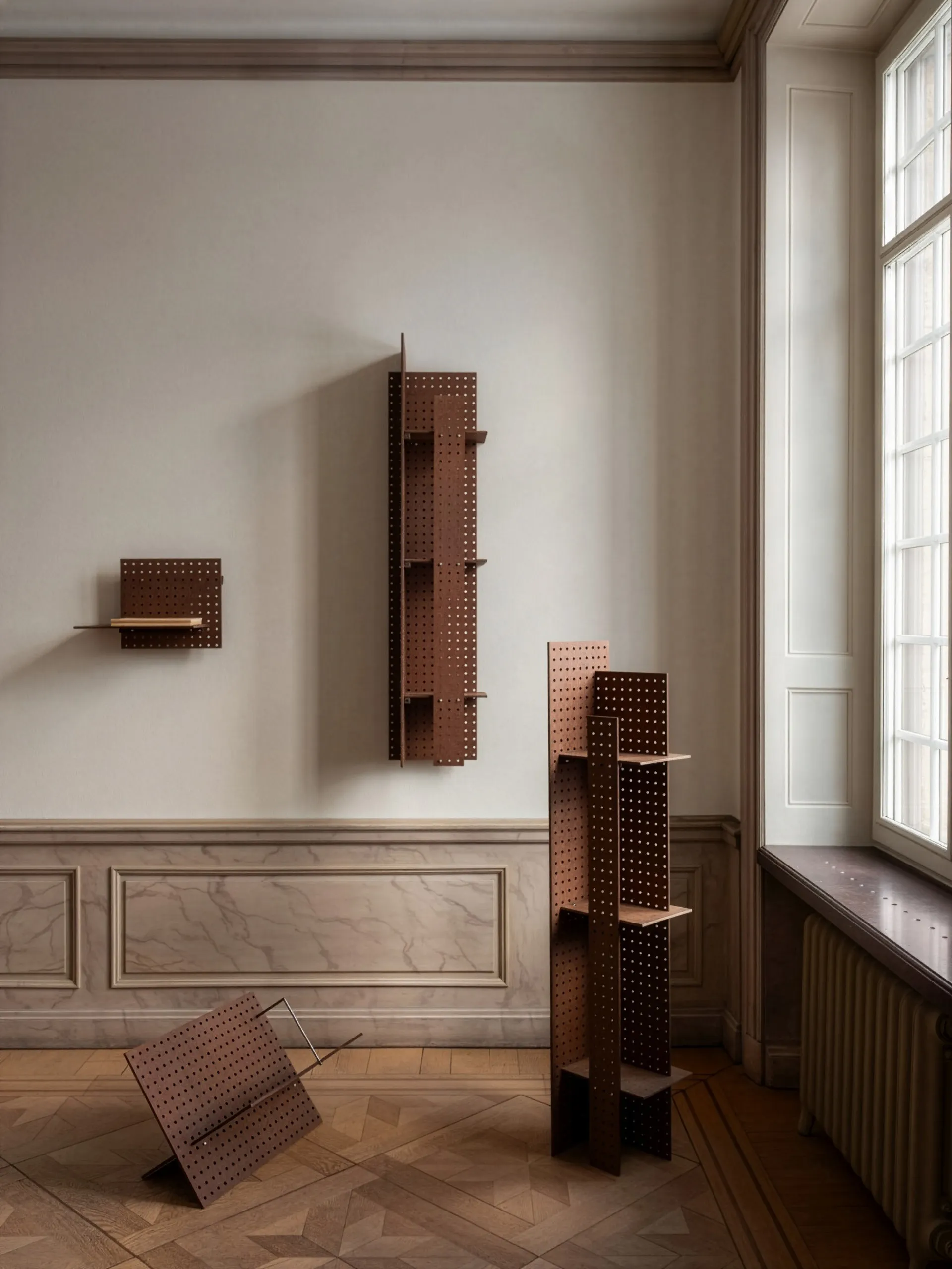 The Perforated Furniture series by Folkform for Källemo featuring book cradle and shelves