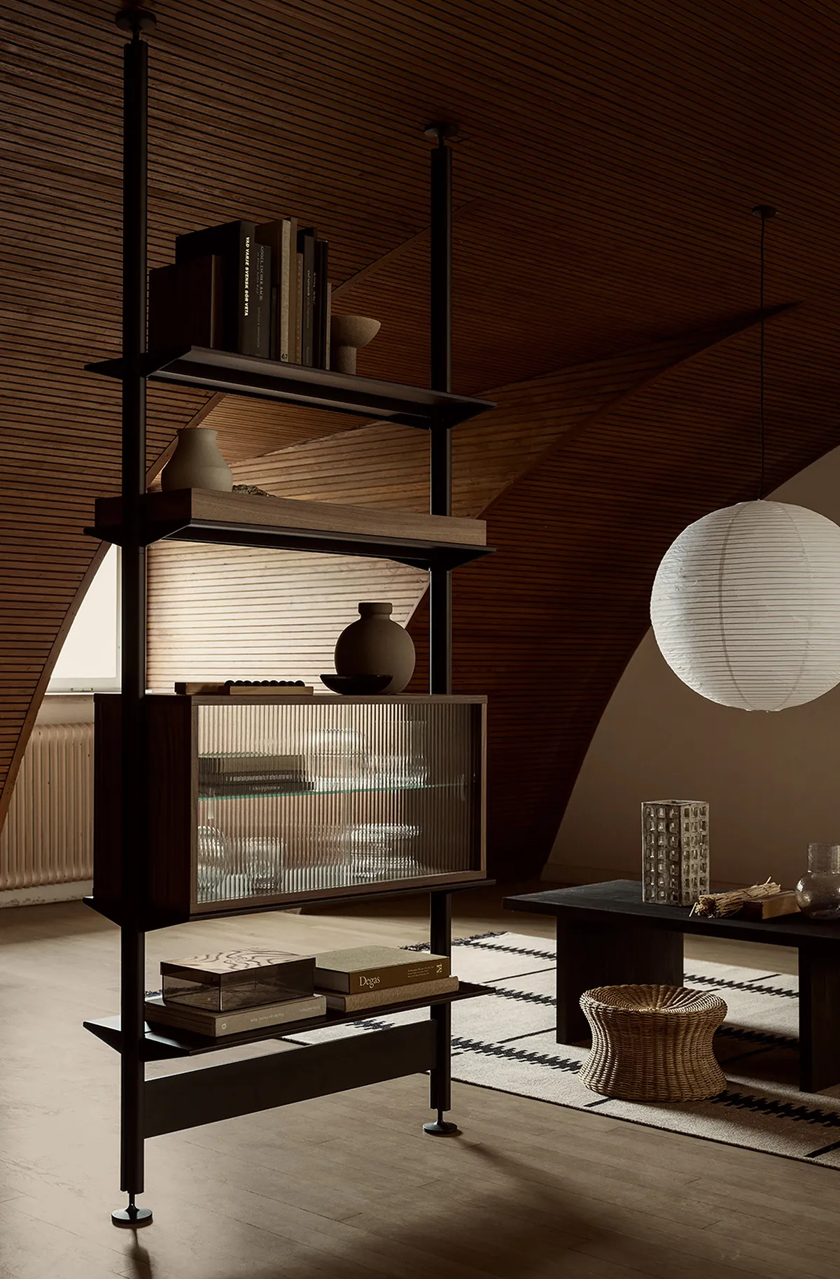 pira display cabinet clear glass Pira glass cabinet used as room divider, double-sided sliding doors, fluted glass version