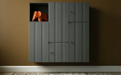 Anne Storage modular shelving system by Anne Krook for Horreds, square module configuration in workspace setting