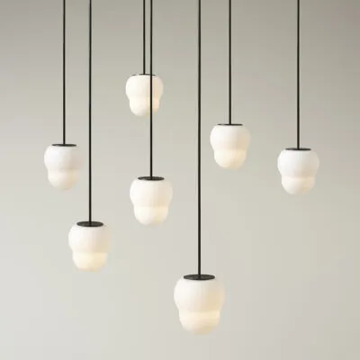 Fall pendant lamp by John Astbury for Pholc, opal glass globe with straight-cut silhouette