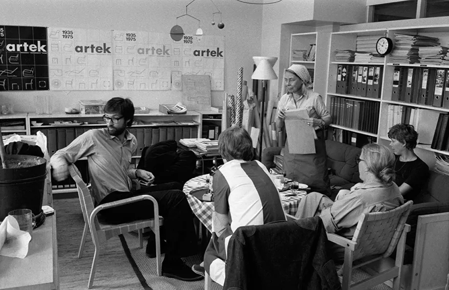 Interior designers at work in Artek's Drawing Office, creating modern European furniture designs under Alvar Aalto's influence