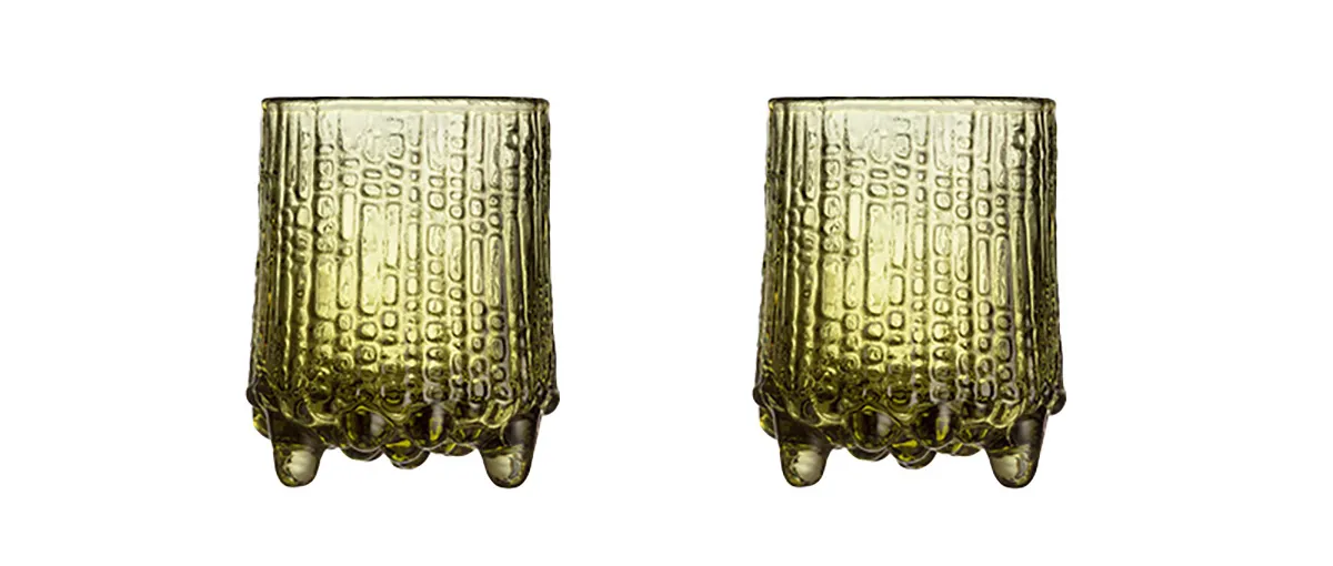 Two green Ultima Thule shot glasses with the iconic ice-shaped base, handmade in Finland