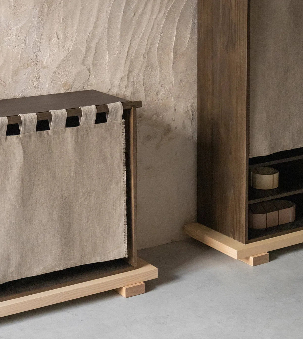 The complete Veil Cabinet collection by Silje Nesdal for Origin Made, featuring both tall and low versions in harmonious arrangement.