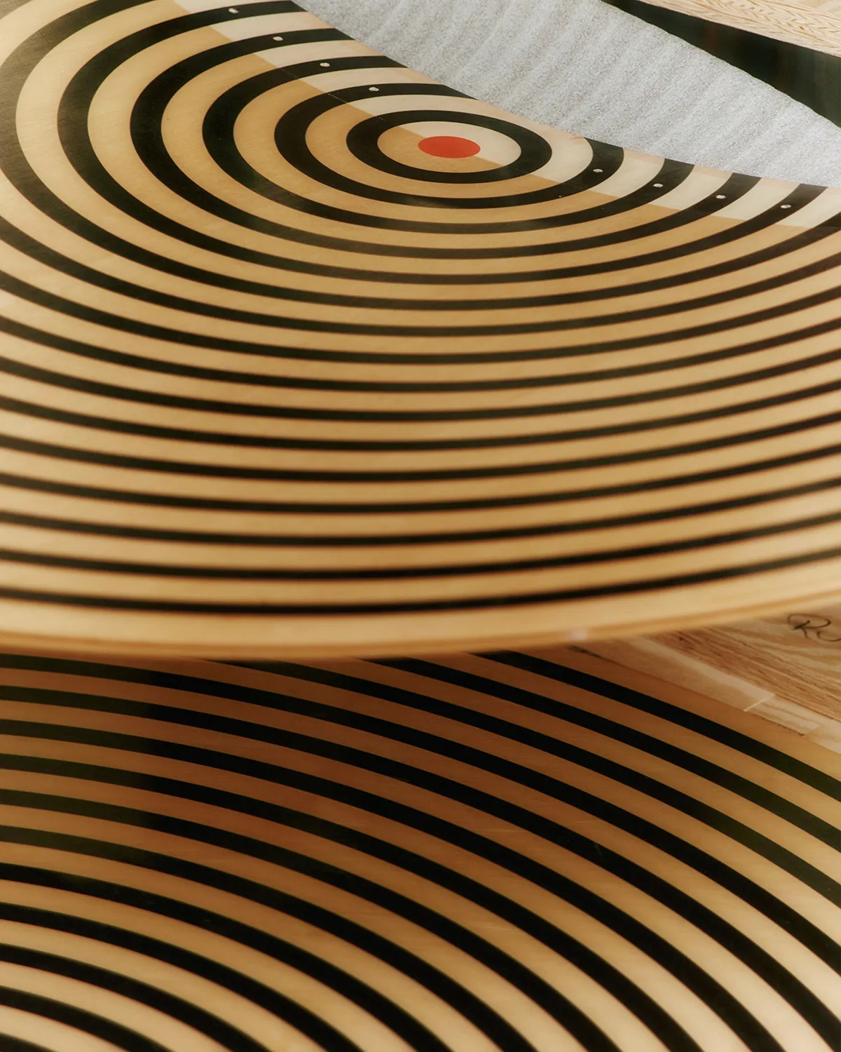 Close-up detail of maple veneer construction on Nanna Ditzel Bench for Two showing craftsmanship quality