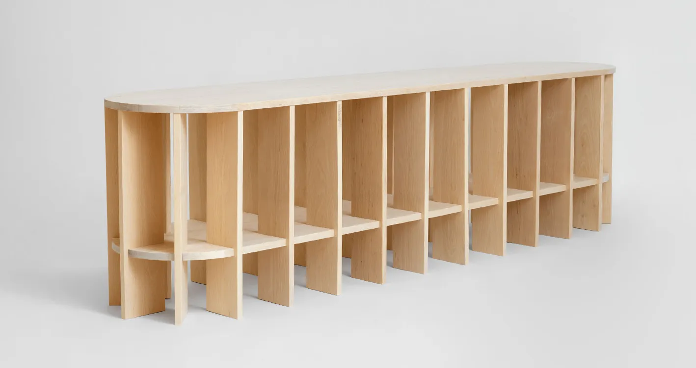 Living room installation of Swedish birch shelf V.NA.01 creating functional storage and display space