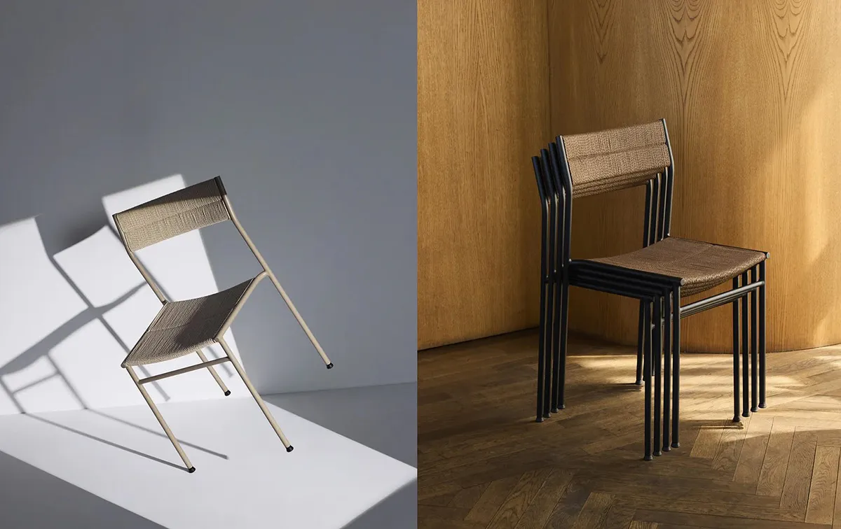 Vev chair by David Ericsson showing hand-woven paper rope seat on minimalist steel frame for Northern furniture