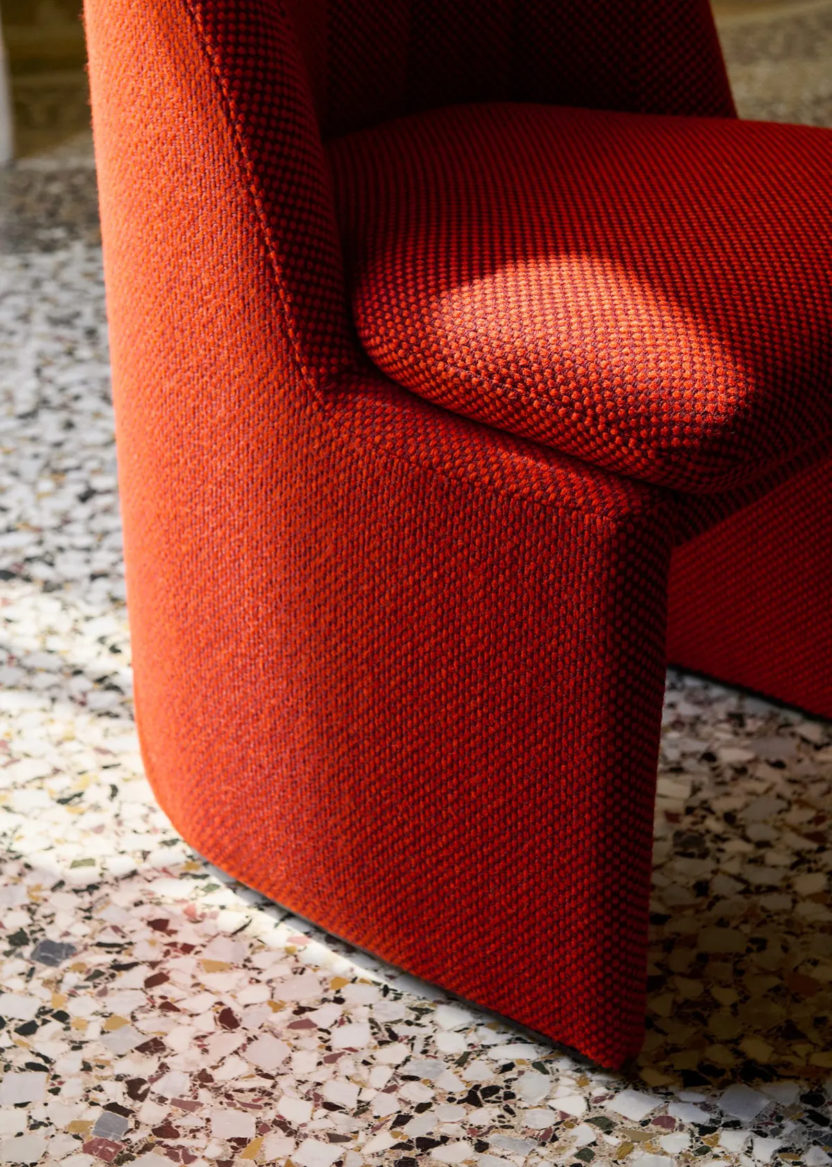 Close-up view of Loafer chair upholstery detail and armless silhouette by Space Copenhagen for &Tradition