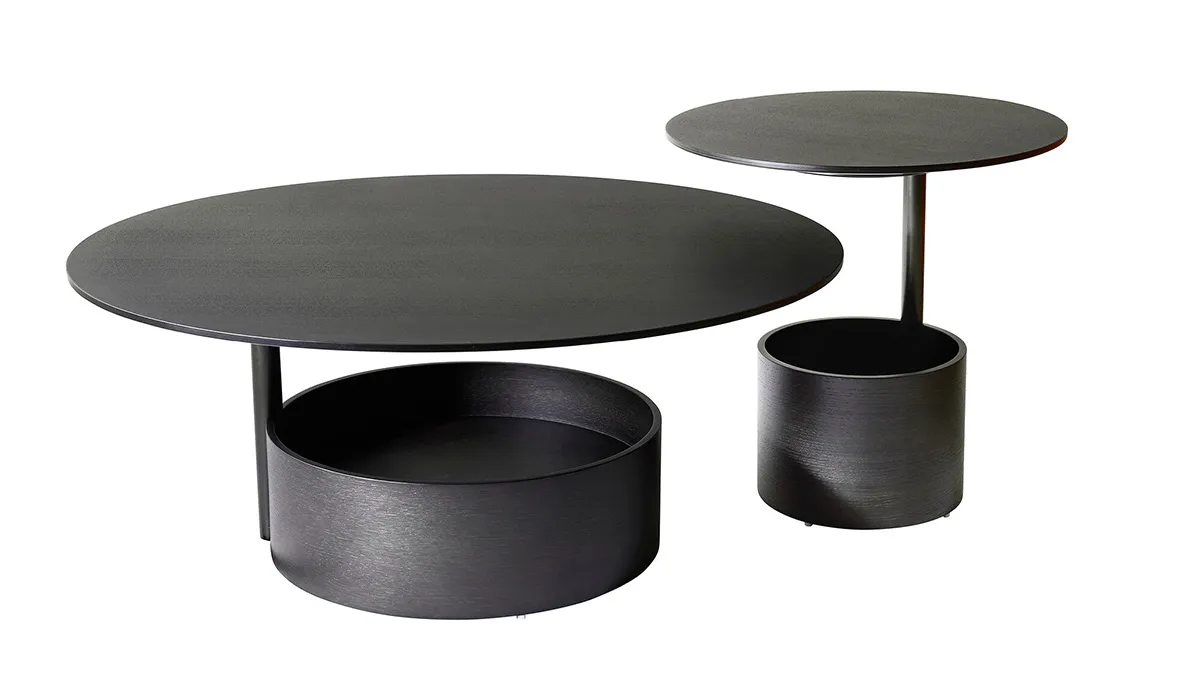 Parasol coffee table collection showing both S and L sizes with natural and dark stained oak veneer options