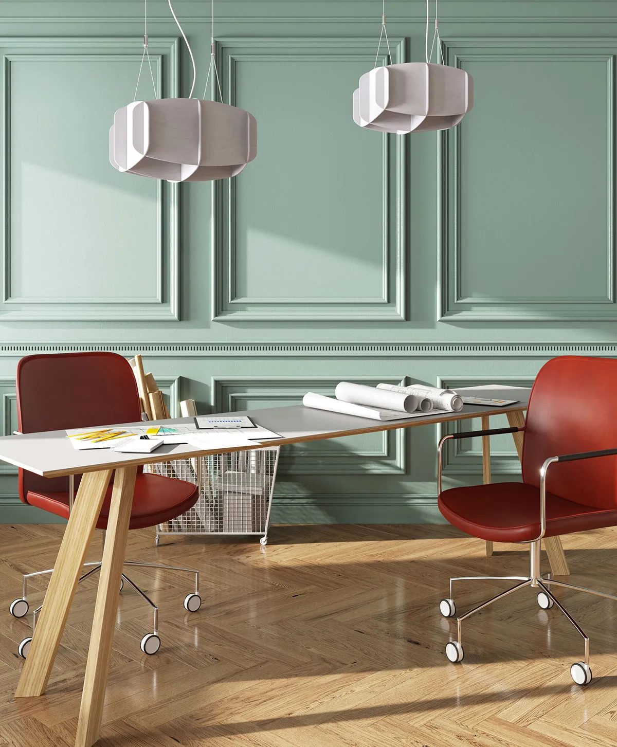Ristikko 95 pendant installation over conference table showcasing Finnish architectural lighting