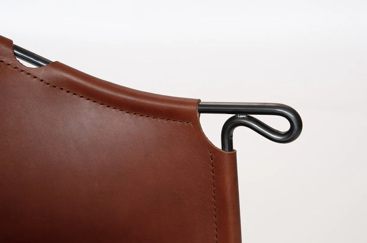 Sheriff chair detail of saddle construction and vegetable-tanned leather from Tärnsjö Garveri