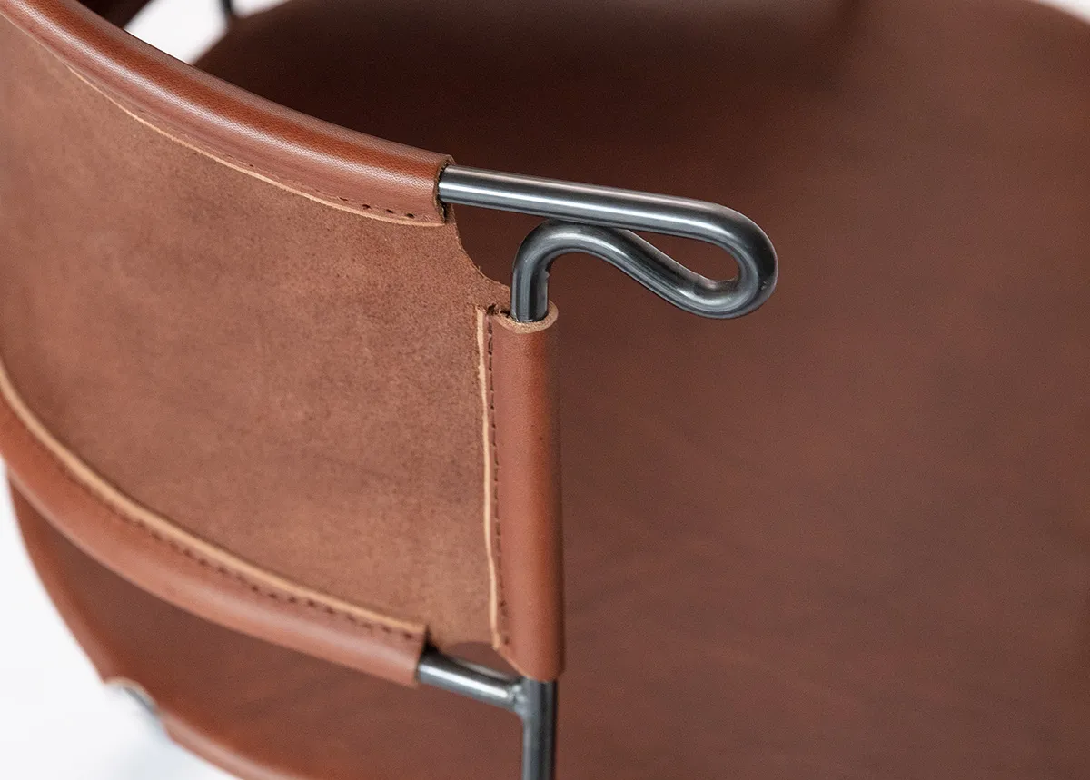 Sheriff chair detail of saddle construction and vegetable-tanned leather from Tärnsjö Garveri