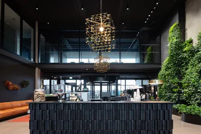 Multiple Terrace chandeliers installed in a commercial space demonstrating their sculptural quality and ambient lighting
