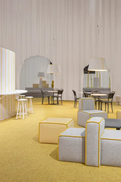 The Yellow Thread bar and stage area designed by Färg & Blanche for Stockholm Furniture Fair with playful textural elements