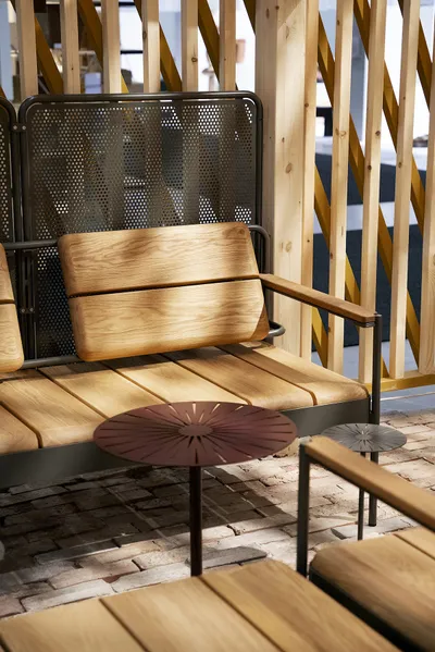 Alta outdoor furniture series by Andreas Klippinge for Nola featuring minimalist benches and tables in powder-coated steel