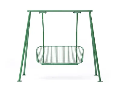 Korg swinging sofa by Thomas Bernstrand for Nola featuring suspended basket-like design for playful outdoor seating experiences