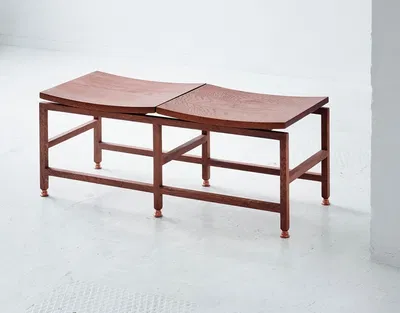 Mark de Vos Dalhoum Kronborg bench in oak with copper feet, two-seat design inspired by Kronborg Slot architecture. Photo Mikkel Russel