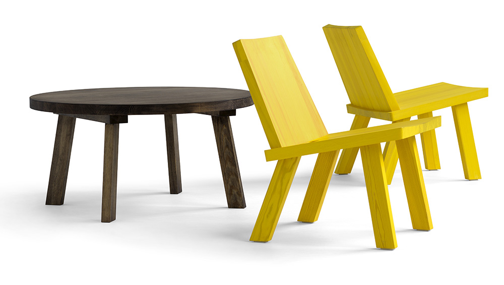 Pinzo family by David Ericsson for Blå Station – chair with three low tables and reversible leather and suede cushion