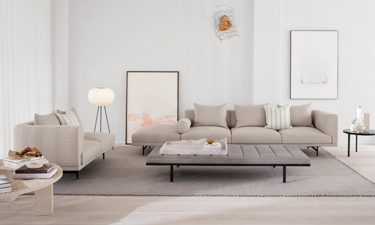 Vipp 581 Paper Floor Lamp overview showing textured paper shade on dark oak tripod base in minimalist interior setting