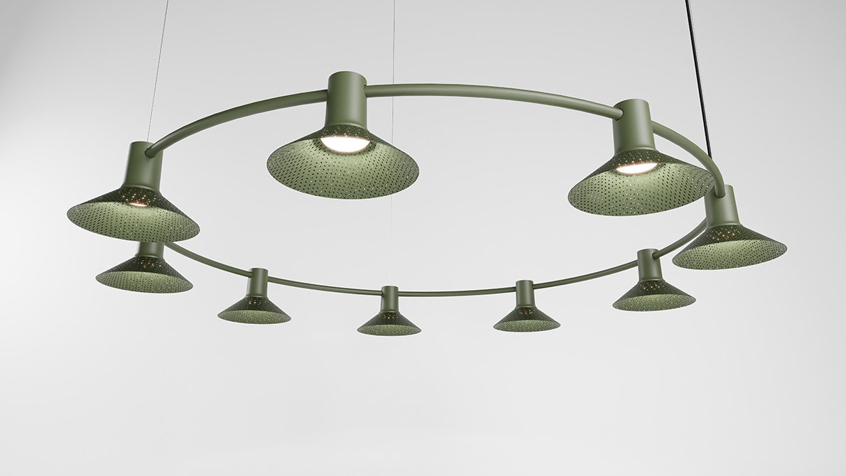Compose perforated metal pendant creating atmospheric light patterns by Jens Fager for Zero