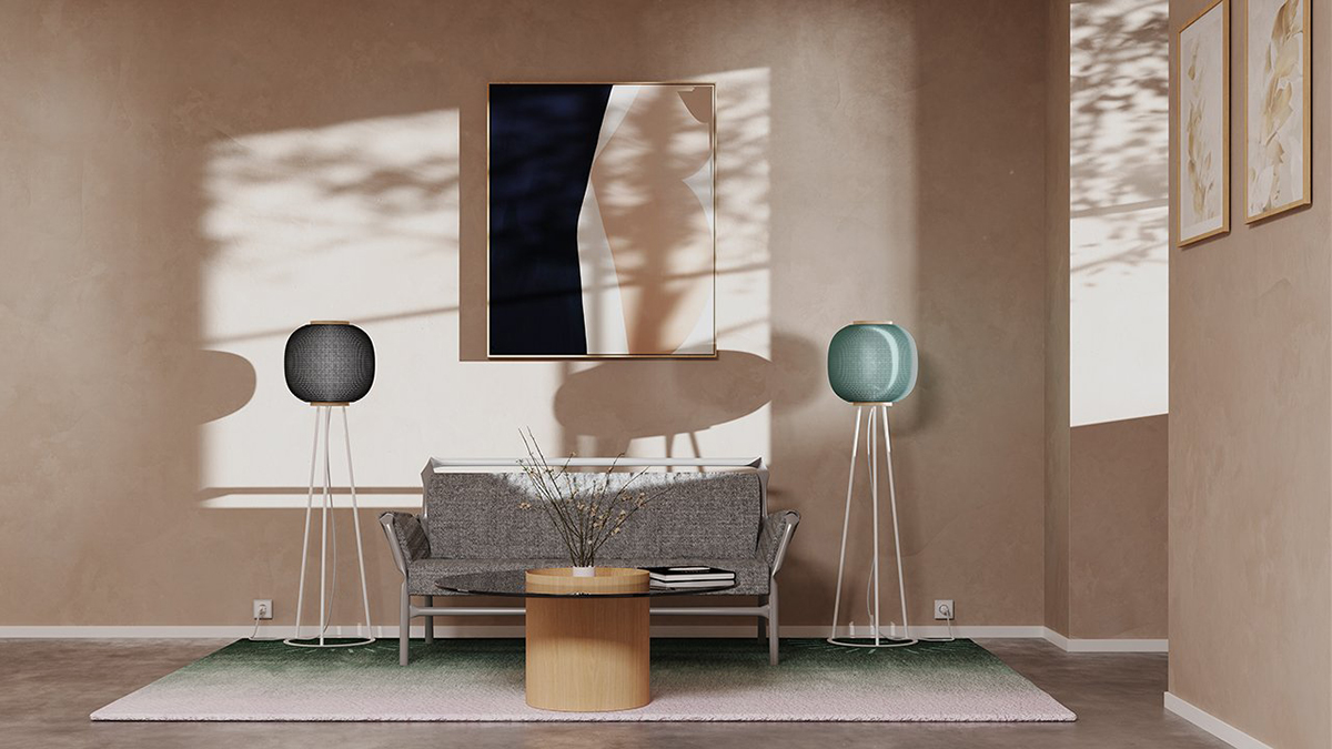 Haze floor lamp with three-legged base and 3D-knitted fabric shade by Zero Lighting