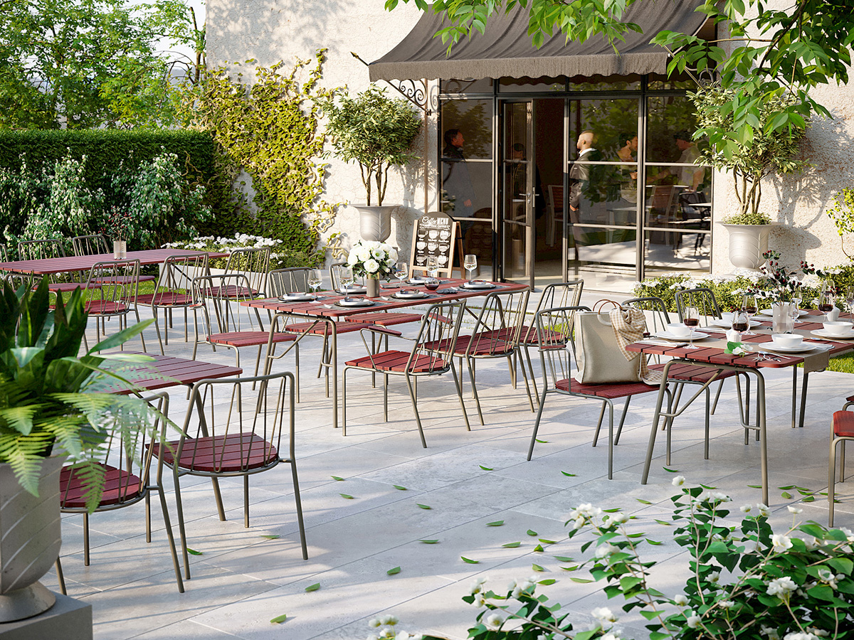 Rousseau furniture group with elegant steel frames and wood by Anki Gneib for Nola outdoor use