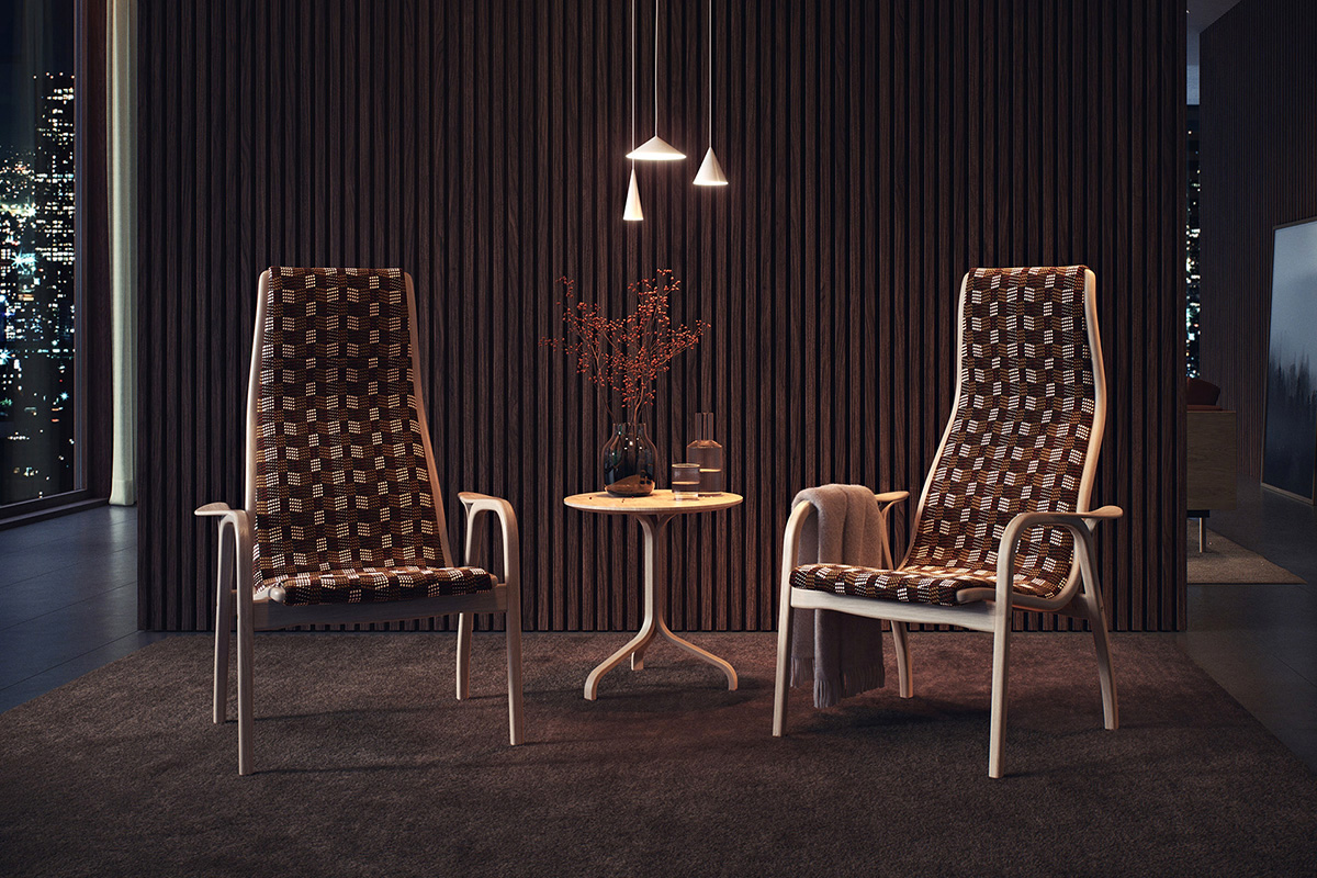 Lamino Edition 2022 armchair by Yngve Ekström for Swedese with Pierre Frey fabric in urban-inspired design