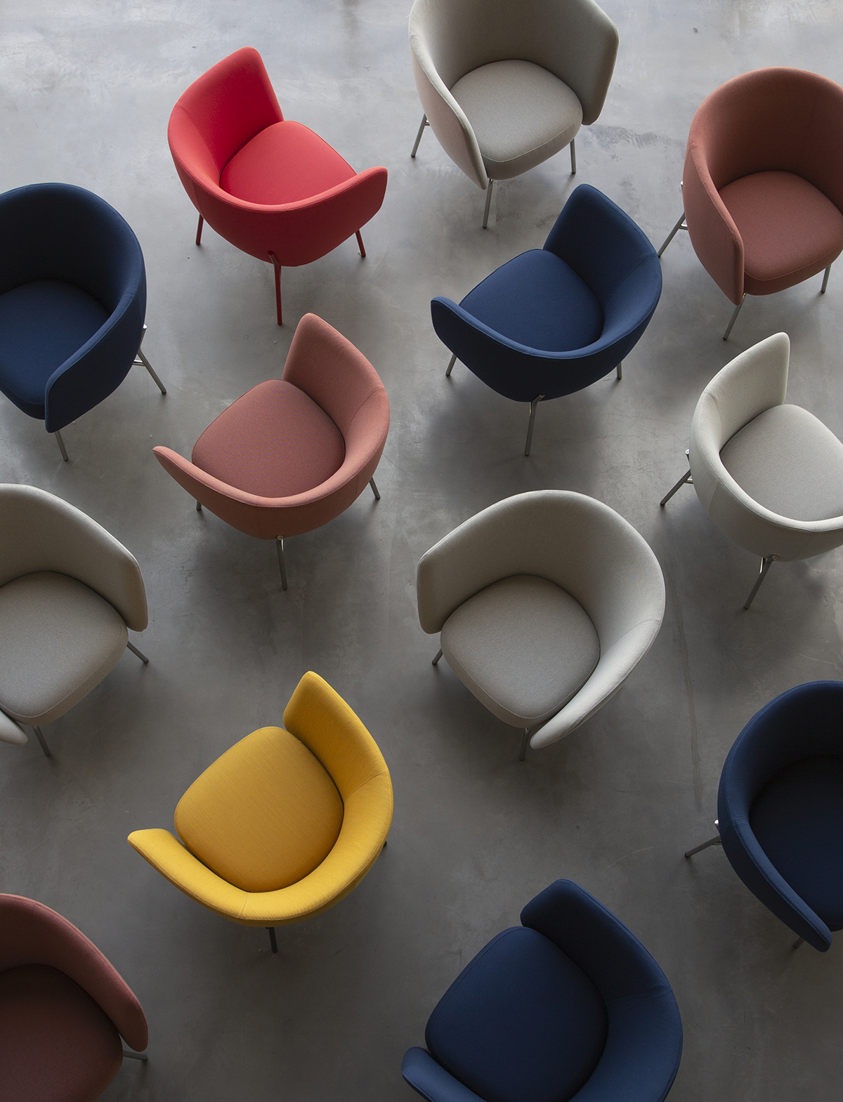 Aura Bold collection displaying various upholstery options with compact easy chair dimensions