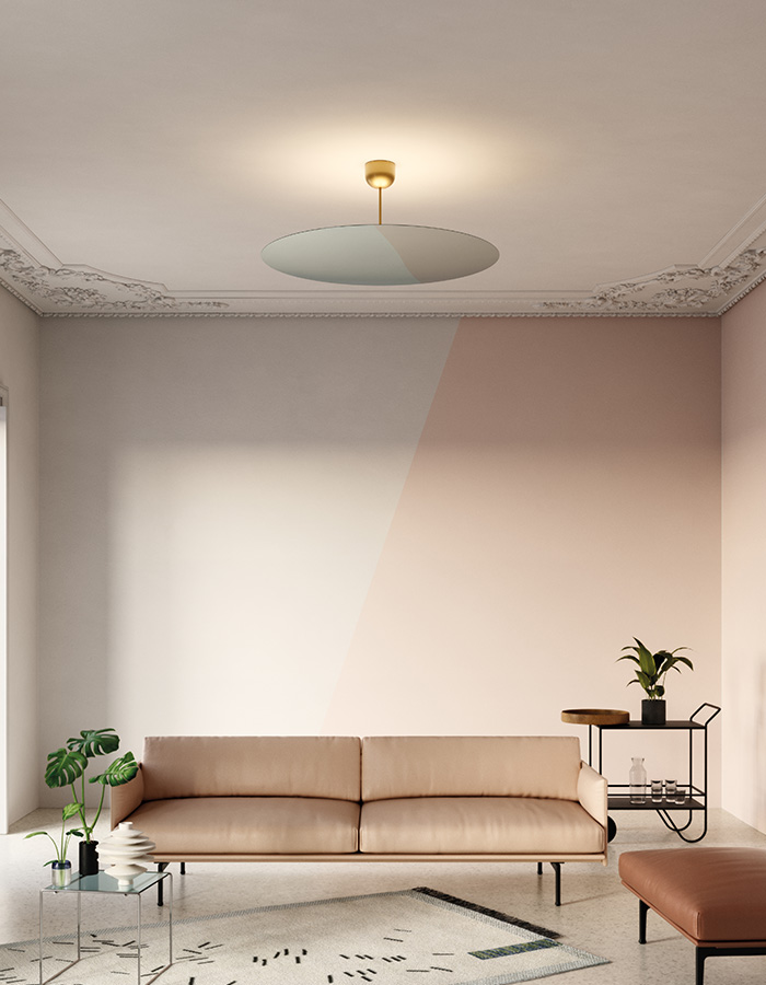 Daniel Rybakken Millimetro lamp featuring thin circular reflecting disk with upward LED illumination
