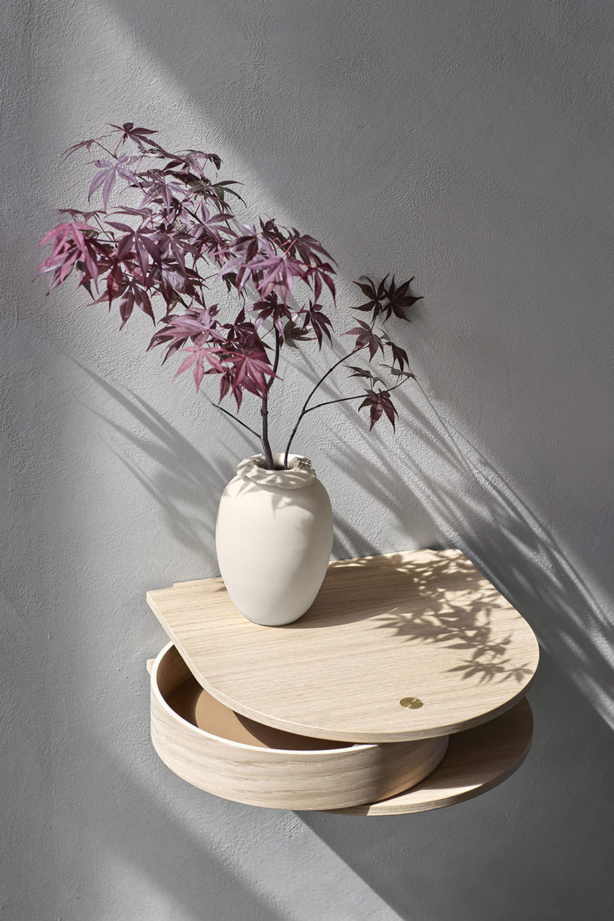 Sami Kallio Valet wall console overview Northern showing floating curved platform oak construction circular drawer storage