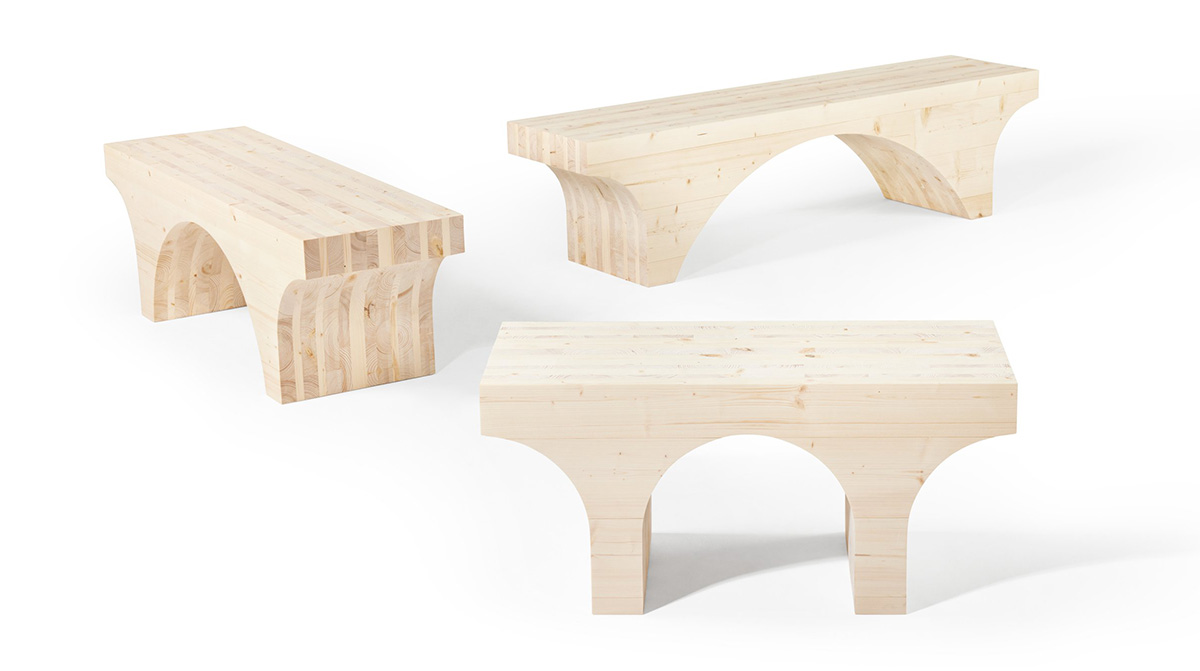 Anki Gneib cross-laminated timber bench for Nola showcasing sustainable indoor seating design