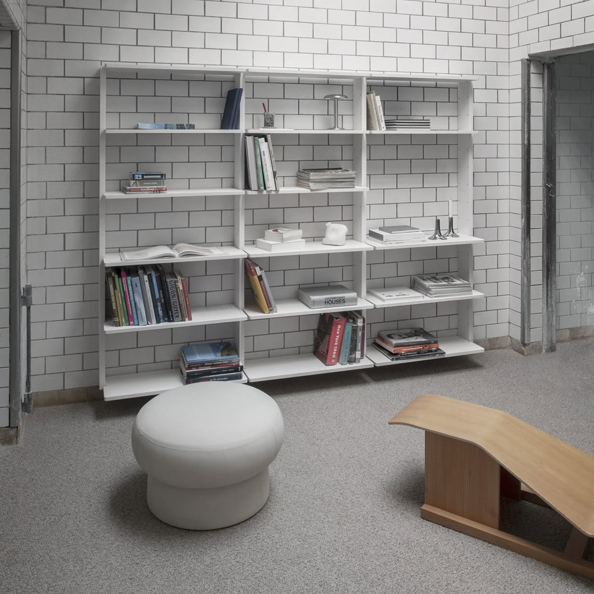 Gridlock wall-mounted shelving system Chris Martin Massproductions FSC ash wood modular storage grid configuration