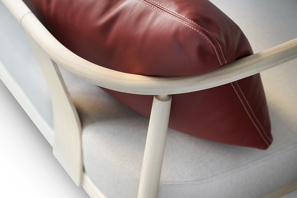 Close-up of bentwood joinery detail on Pierre Sindre's Humble sofa showing Gemla's precision craftsmanship